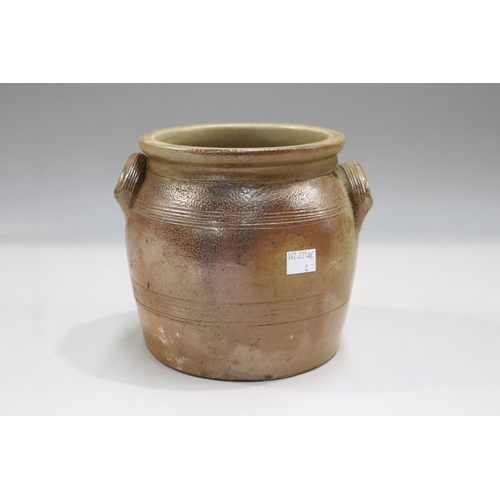 112 - French antique twin handle earthenware confit pot, approx 17cm H