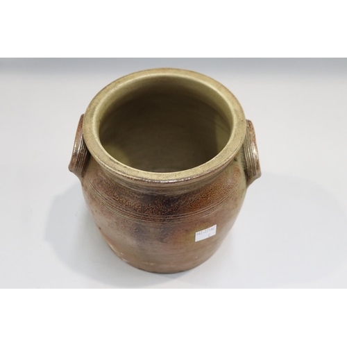 112 - French antique twin handle earthenware confit pot, approx 17cm H