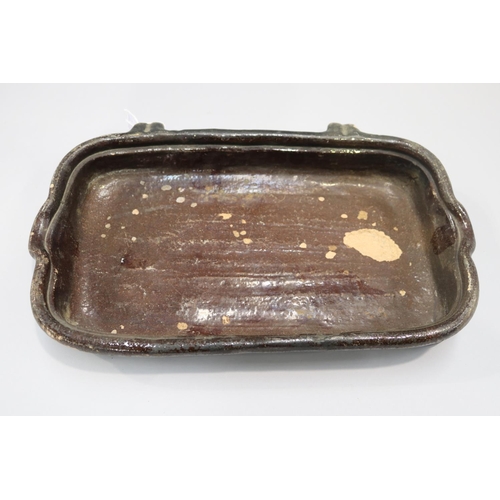 12 - Antique French earthenware tray with lip and lugs to sides, approx 7cm H x 42cm W x 45cm D