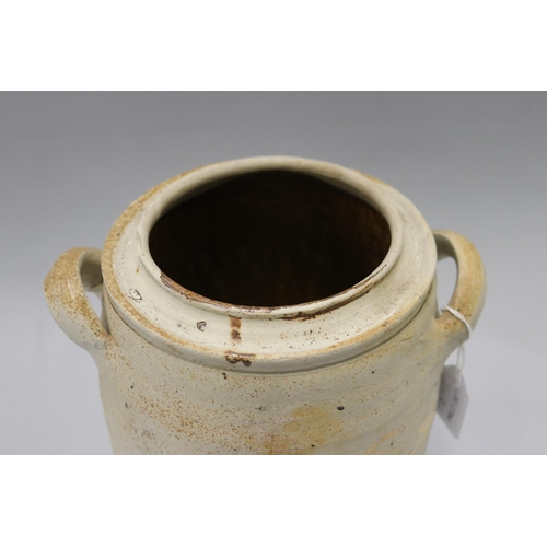 37 - Antique twin handle confit earthenware pot, approx 25cm H