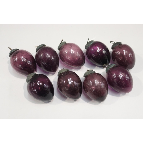 75 - Aubergine coloured glass baubles, each approx 8cm H