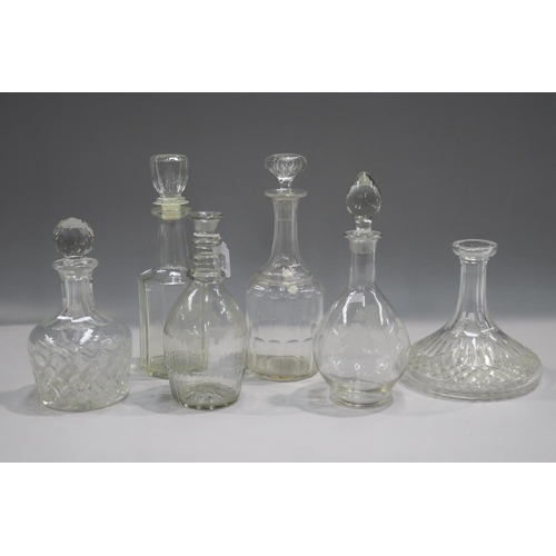 76 - Six antique and vintage decanters, two missing stoppers, approx 30cm H and shorter (6)