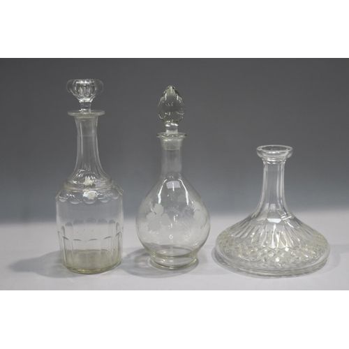 76 - Six antique and vintage decanters, two missing stoppers, approx 30cm H and shorter (6)