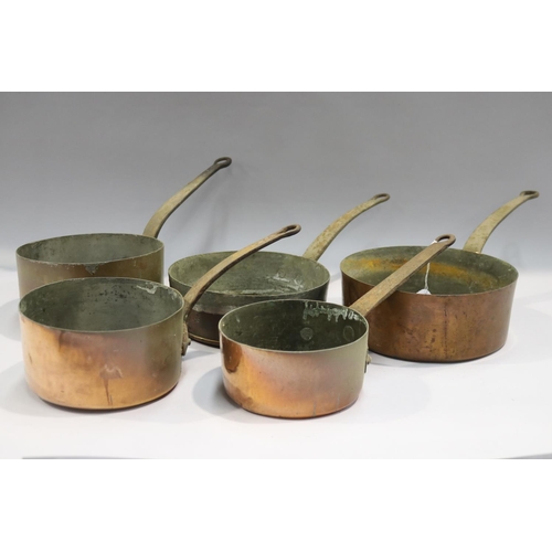 77 - Five antique French copper saucepans, approx 26cm Dia (ex handle) and smaller (5)