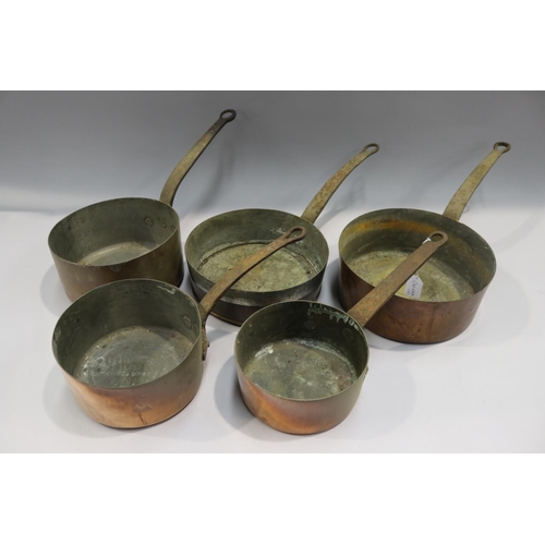 77 - Five antique French copper saucepans, approx 26cm Dia (ex handle) and smaller (5)