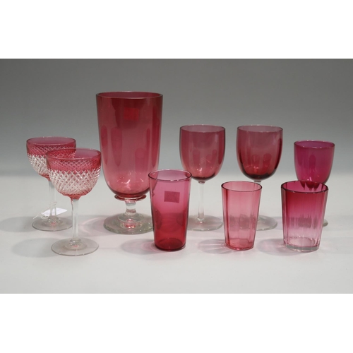 80 - Assortment of antique and vintage ruby glass, vase and glasses, approx 19cm H and shorter