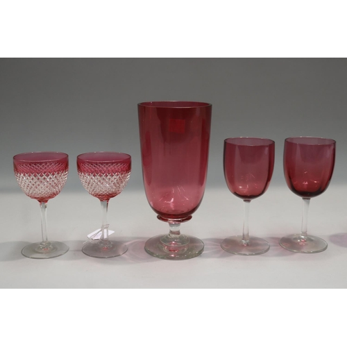 80 - Assortment of antique and vintage ruby glass, vase and glasses, approx 19cm H and shorter