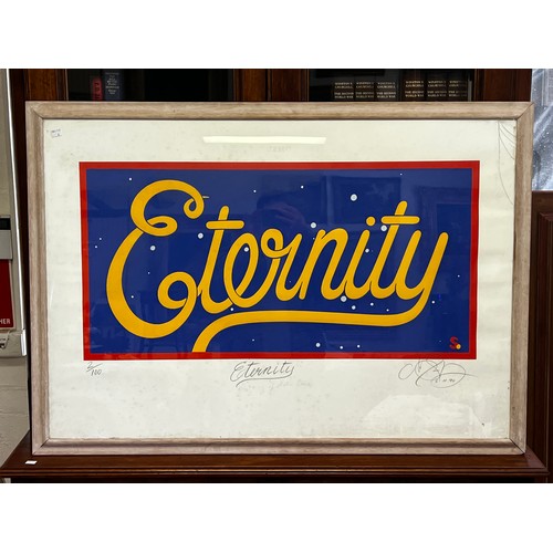 Martin Sharp (1942–2013). Eternity- screen-print, printed in colour, from multiple stencils Signed and dated lower right below printed image in black pencil, 'Sharp / 6.11.90'. Inscribed lower centre below printed image in black pencil, ' ' Eternity' / in memory of Arthur Stace '. 47.5 cm x 94 cm Top corner section of glass is broken.