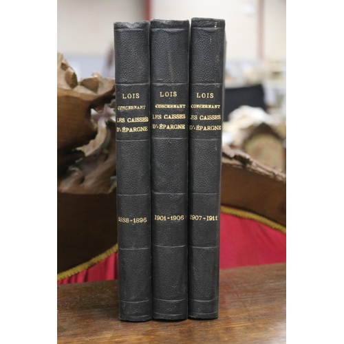 280 - Three French books, Lois Concernant Les Caisses D'Epargne, 1888-1896, 1901-1906, 1907-1911 (3)