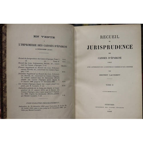 281 - Three French books, E. Laurand, Jurisprudence Des Caisses D'Epargne vol 1 and 2, and Lois & Ordonnan... 