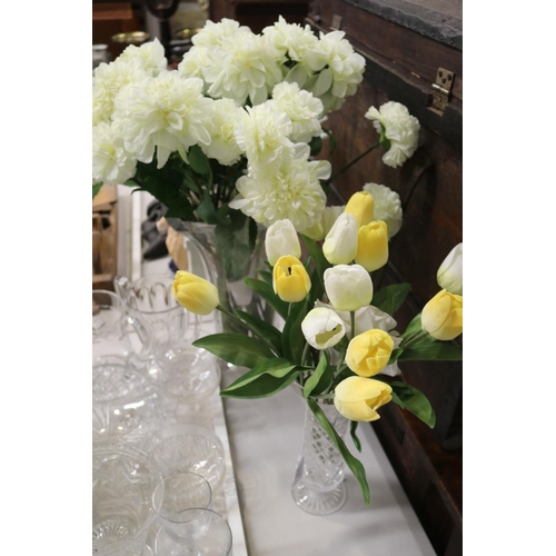 283 - Two cut crystal vases with faux flowers, vases approx 35cm H and shorter (2)