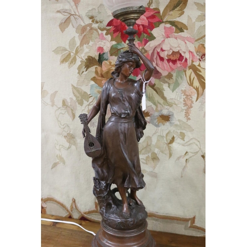 1068 - Antique French bronzed spelter figural lamp, titled 