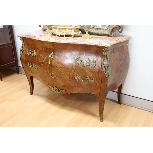 1081 - French Louis XV style bombe floral marquetry, marble topped commode, approx 86cm H x 131cm W x 54cm ... 