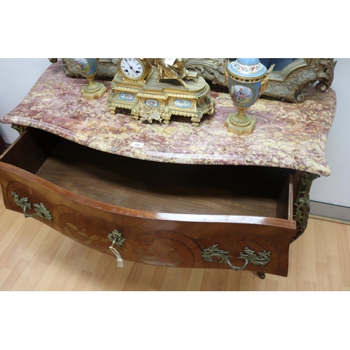 1081 - French Louis XV style bombe floral marquetry, marble topped commode, approx 86cm H x 131cm W x 54cm ... 
