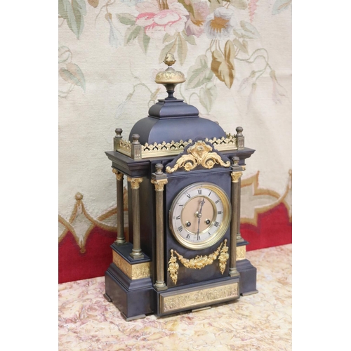 1103 - Fine French architectural form bronze clock, of breakfront shape, mounted with Corinthian columns, s... 