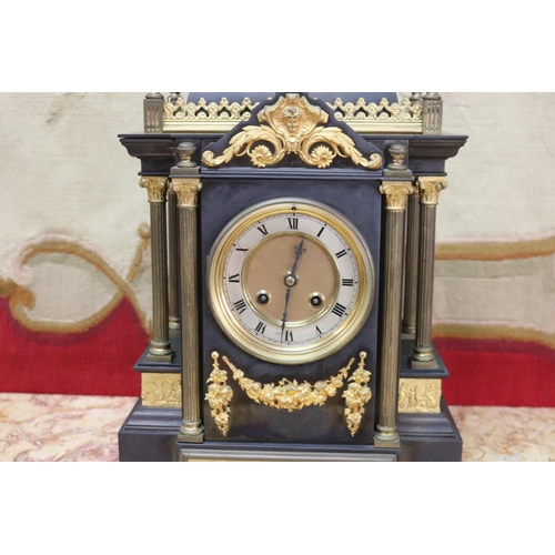 1103 - Fine French architectural form bronze clock, of breakfront shape, mounted with Corinthian columns, s... 