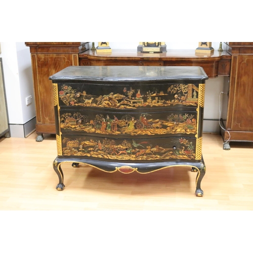 1117 - Antique late 19th century English Queen Anne style black & gold chinoiserie commode with serpentine ... 