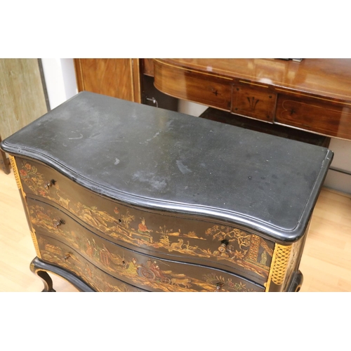 1117 - Antique late 19th century English Queen Anne style black & gold chinoiserie commode with serpentine ... 