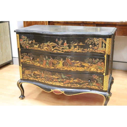 1117 - Antique late 19th century English Queen Anne style black & gold chinoiserie commode with serpentine ... 