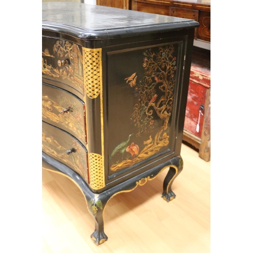 1117 - Antique late 19th century English Queen Anne style black & gold chinoiserie commode with serpentine ... 