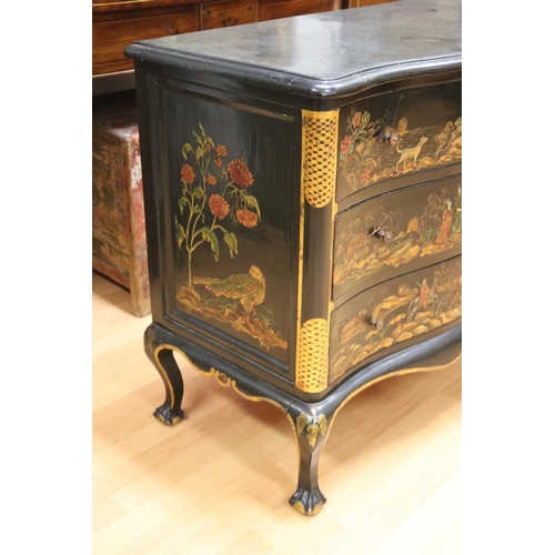 1117 - Antique late 19th century English Queen Anne style black & gold chinoiserie commode with serpentine ... 