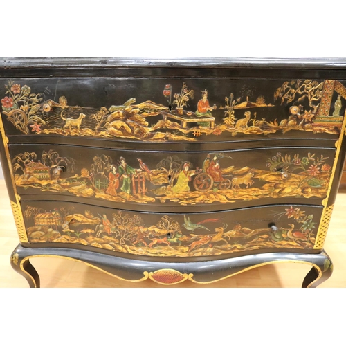 1117 - Antique late 19th century English Queen Anne style black & gold chinoiserie commode with serpentine ... 
