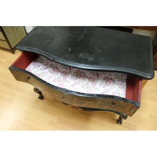 1117 - Antique late 19th century English Queen Anne style black & gold chinoiserie commode with serpentine ... 