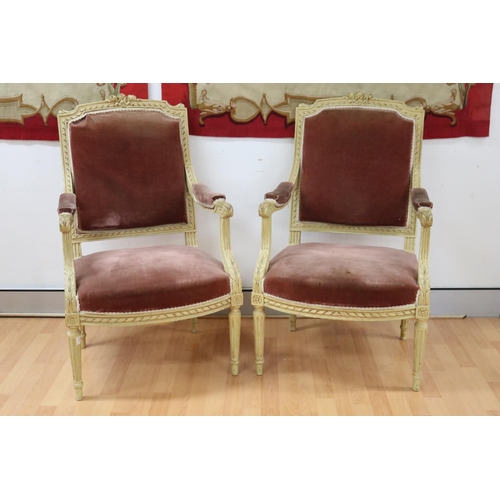 1125 - Pair of antique French Louis XVI style painted frame armchairs, each approx 99cm H x 62cm W x 61cm D... 