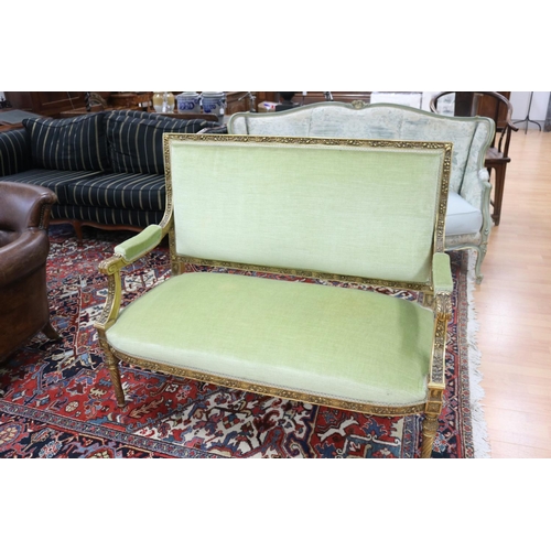 1128 - Early 20th century French giltwood settee, approx 100cm H x 118cm W