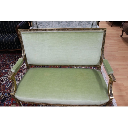 1128 - Early 20th century French giltwood settee, approx 100cm H x 118cm W