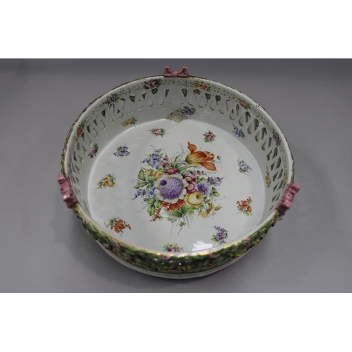 126 - Antique porcelain round basket form jardiniere on feet, AF, approx 13cm H x 31cm Dia