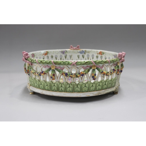 126 - Antique porcelain round basket form jardiniere on feet, AF, approx 13cm H x 31cm Dia