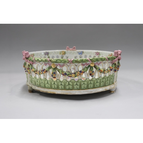 126 - Antique porcelain round basket form jardiniere on feet, AF, approx 13cm H x 31cm Dia