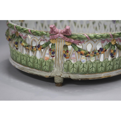 126 - Antique porcelain round basket form jardiniere on feet, AF, approx 13cm H x 31cm Dia