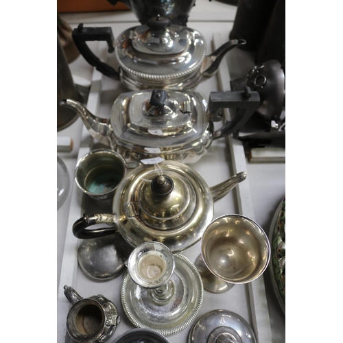 129 - Assortment of silver plate to include teapots, funnel, etc, approx 26cm H and shorter