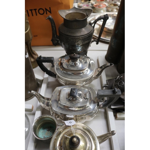 129 - Assortment of silver plate to include teapots, funnel, etc, approx 26cm H and shorter