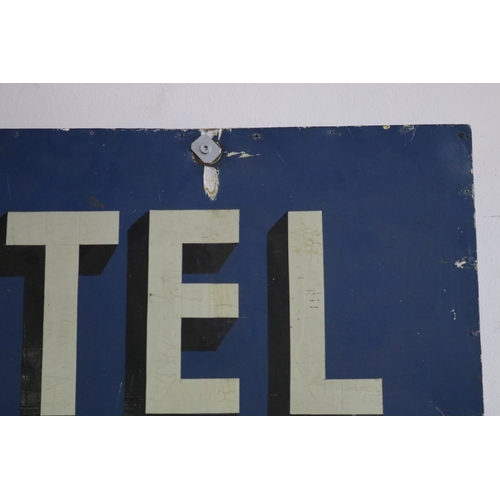 1104 - Antique French painted tin advertising sign, speaks for its self, approx 100cm x 150cm