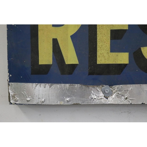 1104 - Antique French painted tin advertising sign, speaks for its self, approx 100cm x 150cm