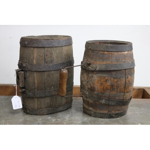 1109 - Two antique metal banded oak barrels, approx 24cm H x 19cm W and smaller (2)