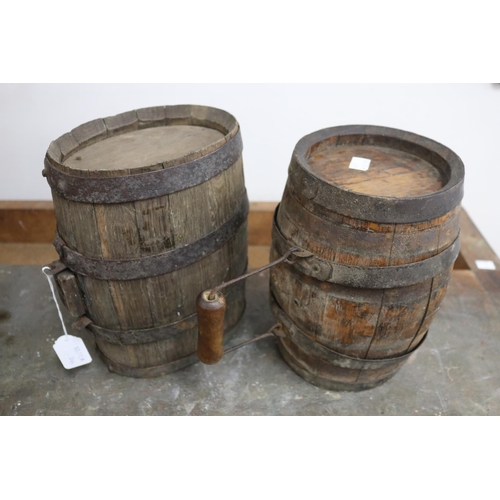 1109 - Two antique metal banded oak barrels, approx 24cm H x 19cm W and smaller (2)