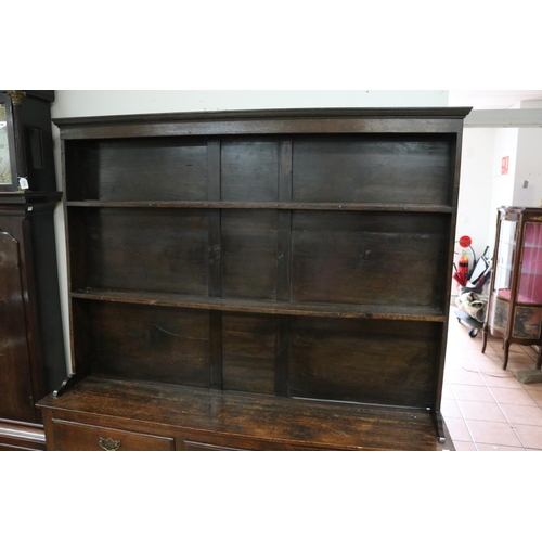 1604 - Antique English 18th century revival oak pot board dresser, fitted with three drawers, with turned b... 