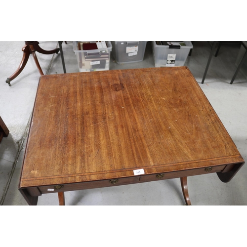 1607 - English antique two drawer sofa table with string inlay, approx 71cm H x 132cm W x 69cm D