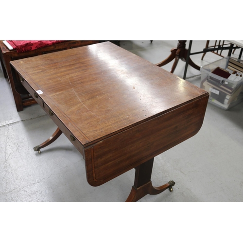 1607 - English antique two drawer sofa table with string inlay, approx 71cm H x 132cm W x 69cm D