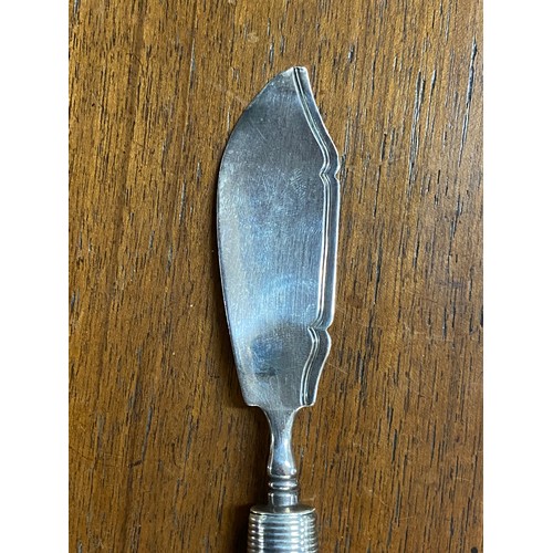 1674 - Antique Georgian sterling silver blade butter knife, with tapering agate handle, marked for London 1... 