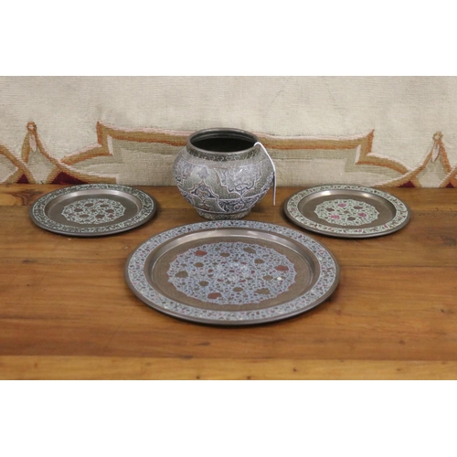 1676 - Well made Middle Eastern pot and Inidna trays, approx 23cm Dia and smaller (4)