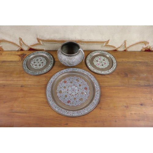 1676 - Well made Middle Eastern pot and Inidna trays, approx 23cm Dia and smaller (4)