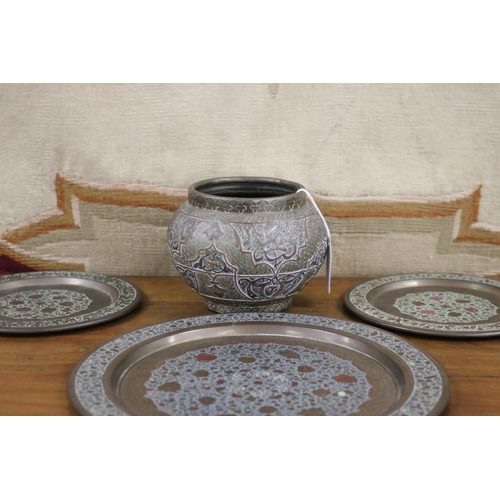 1676 - Well made Middle Eastern pot and Inidna trays, approx 23cm Dia and smaller (4)