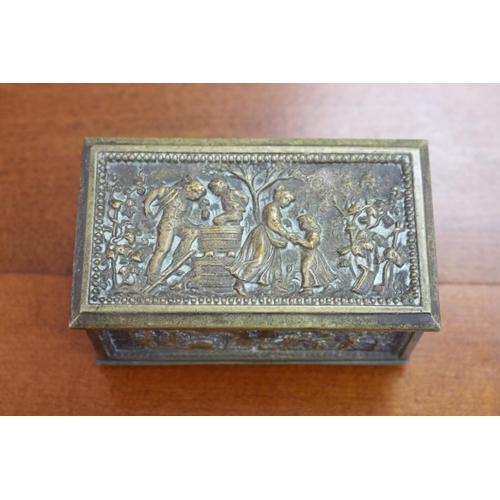 1683 - Antique continental cast brass trinket casket, cast in relief with harvest scenes, approx 5.5cm H x ... 