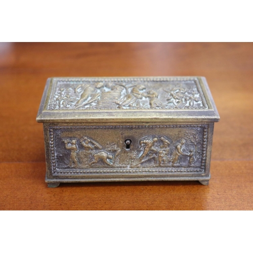 1683 - Antique continental cast brass trinket casket, cast in relief with harvest scenes, approx 5.5cm H x ... 