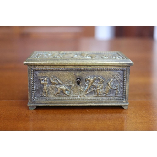 1683 - Antique continental cast brass trinket casket, cast in relief with harvest scenes, approx 5.5cm H x ... 